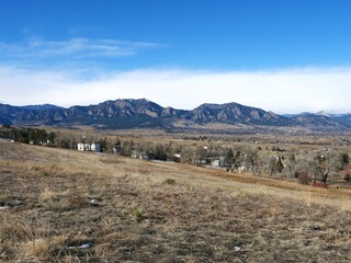 Winter Grassland and the Flatirons Under Clear Blue Sky, Boulder, Colorado