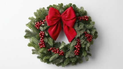 Festive christmas wreath with red bow and berries on white background
