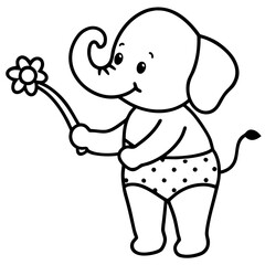 Cute Baby Elephant in Swimsuit Watering Flower with Trunk - Funny Summer Line Art Vector Illustration for Coloring Book
