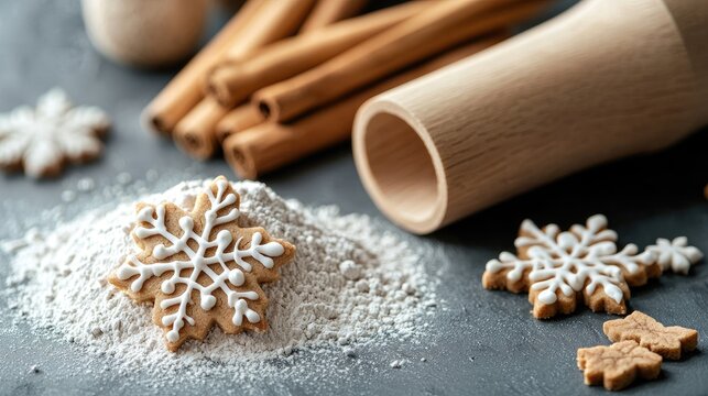 Close-up of snowflake-shaped cookies decorated with white icing, arranged on a pile of white flour next to cinnamon sticks and a wooden rolling pin on a dark gr