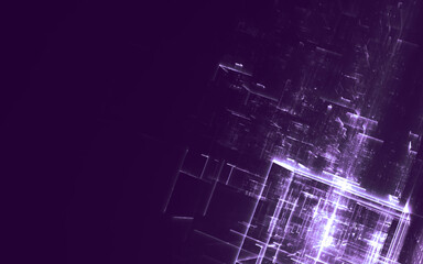 futuristisches Arrangement von violetten transparenten leuchtenden dreidimensionalen Würfeln und Quadern in dunklem virtuellen Raum, Atmosphäre, Technologie, Innovation, Lichtreflexionen, Geometrie