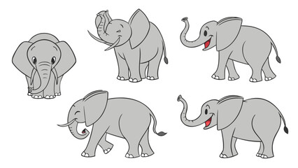 Cartoon Elephant Character Set in Various Poses - Vector Illustration of Wild Animal Front, Side, and Rear View Isolated
