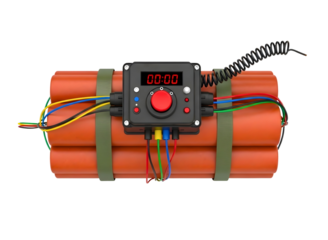 Dynamite bomb with digital timer and red button isolated on transparent background