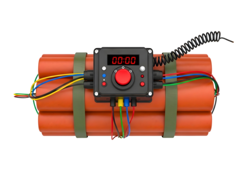 Dynamite bomb with digital timer and red button isolated on transparent background