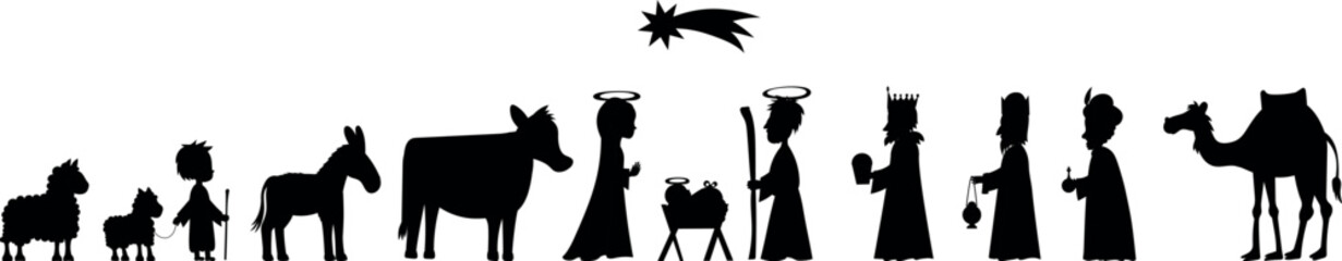 Nativity scene with baby Jesus, Mary, Joseph, three kings and animals. Coloring page for Christmas vector illustration. Bethlehem silhouettes.