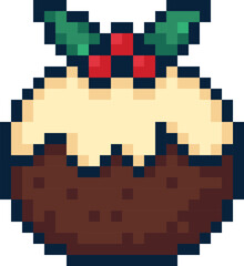 A charming pixel art Christmas pudding topped with creamy icing and decorated with bright red berries and green holly leaves or festive designs, stickers, cards, and digital decorations.
