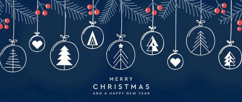 merry christmas design with hanging decoration in form of tree and heart illustrated animation