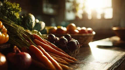 A wooden table displays an array of fresh vegetables including vibrant carrots and juicy tomatoes. The colorful vegetables illuminate the kitchen, showcasing healthy eating at home