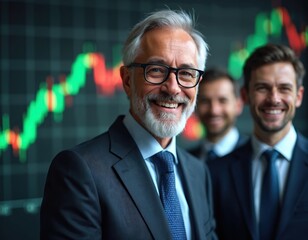 Three smiling men in suits stand before a stock market graph. They represent business success and financial confidence. One man wears glasses and a grey beard. They look optimistic.