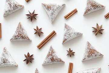 Pattern of powdered pastries with cinnamon and star anise on white background