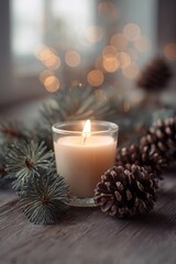 Decorative Candle in a Cozy Winter Christmas Setting, Warm and Festive Holiday Atmosphere