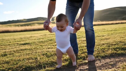 Baby Taking First Steps Outdoors with Parent on a Sunny Day