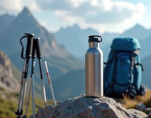 Stainless steel water bottle rests on rock next to backpack and trekking poles. Majestic mountain range forms backdrop under sunny sky. Perfect for outdoor gear ads.