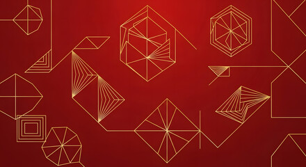 Geometric Elegance Abstract Gold Wireframes on Red Background for Modern Design Projects
