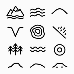 Fototapeta premium Minimalist line icons of nature elements featuring trees, water, and mountains