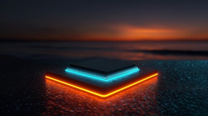 The image features a modern microchip illuminated with a vibrant neon edge, highlighting advanced technology against a twilight backdrop. The serene sunset enhances the microchip's