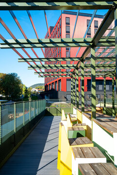 Engaging urban park playground architecture with landscape and community recreation across Oslo Norway that reinforces modern design identity throughout Loren Aktivitetspark