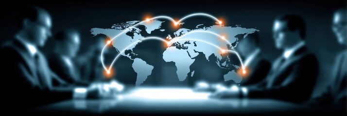 A global innovation room where leadership anchors a discussion combining regulation partnership logistics networking and performance to elevate future goals