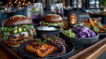 Selection of three different gourmet burgers with a fish seafood burger, surf and turf with bacon and squid and avocado and guacamole burger
