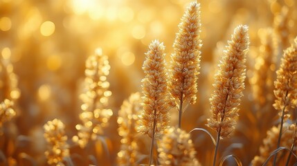 Obraz premium Close-up shot of golden wheat stalks during autumn, showcasing the rich hues of the harvest season. Warm tones and intricate detail of the plant structure.