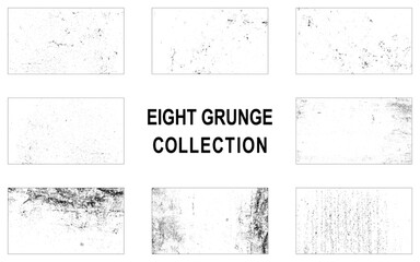 Set of eight grunge textures. Vector rectangular backgrounds.
