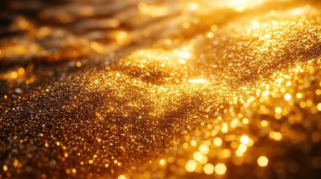 A captivating close-up showcases a shimmering, golden surface enveloped in bokeh, creating a dreamy and ethereal atmosphere. Perfect for luxury, beauty, or abstract concepts.