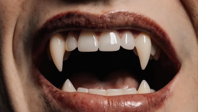 Close-up of a mouth with sharp, extended canines, suggesting a creature of the night