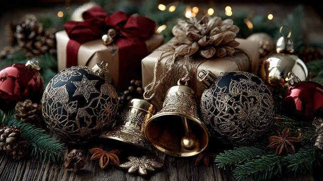 Christmas fir twigs ornamented with bells and baubles against wooden background