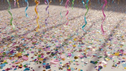 Celebratory confetti and streamers create a festive atmosphere on the floor.