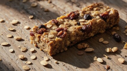 Close-up of a granola bar with visible oats, nuts, and dried fruit, resting on a wood surface