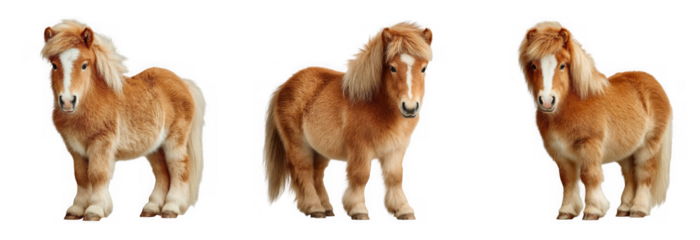 Three adorable fluffy brown shetland ponies standing in different poses, isolated on transparent background