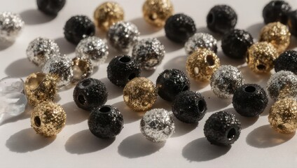Assorted Beads - Black, Gold, and Silver Spheres for Jewelry Making.