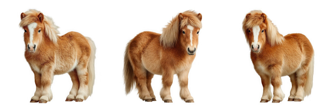 Three adorable fluffy brown shetland ponies standing in different poses, isolated on transparent background - Powered by Adobe