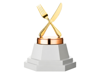 Golden fork and knife trophy award isolated on transparent background