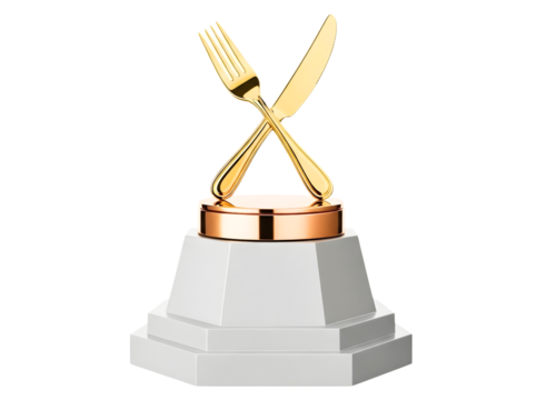 Golden fork and knife trophy award isolated on transparent background
