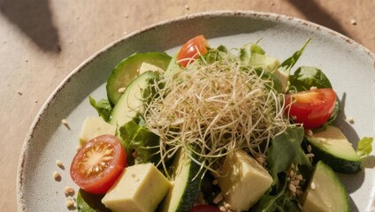 Close-up of a fresh, vibrant salad on a ceramic plate, featuring various vegetables and greens
