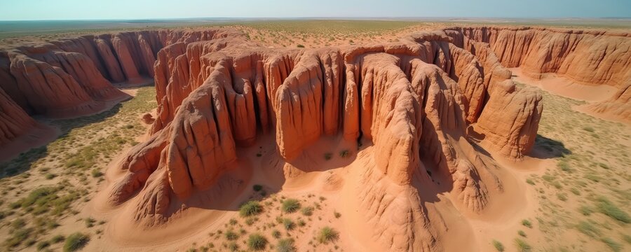 Vast arid landscape features towering clay formations sculpted by wind and water erosion. Red rocky canyons reveal layers of earth, sparse green vegetation dots dry sand.
