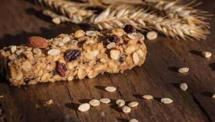 Close-up of a granola bar with grains, nuts, seeds, and dried fruit, on a wooden surface