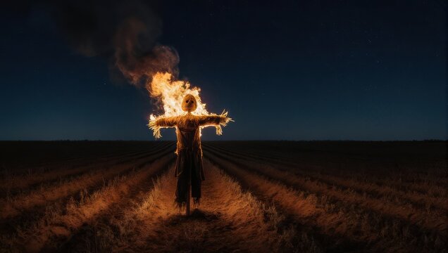 Burning effigy of straw figure in a field at dusk with dark sky - Powered by Adobe