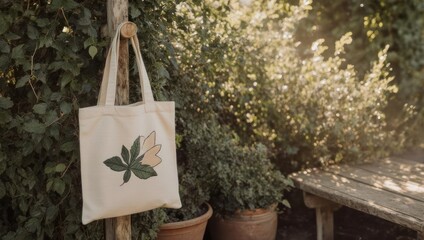 Canvas tote bag with leaf design hangs on a wooden post, nestled in lush garden foliage