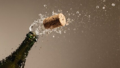 Champagne bottle popping cork with bubbles in mid-air.