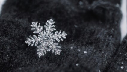 Close-up of a delicate snowflake resting on a dark, textured surface.