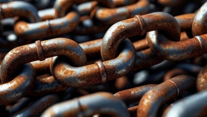 Close-up of a rusted metal chain, detailed and textured, showcasing links and decay