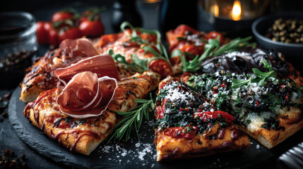 Line of Italian pizza portions with a variety of trimmings displayed in a panorama banner or header on slate for menu advertising