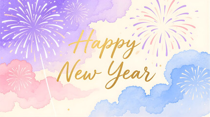 Subtle cream gradient with dreamy watercolor fireworks in lavender, blush, and cloud-blue, floating softly across the canvas, fine gold handwritten ‘Happy New Year’ text.