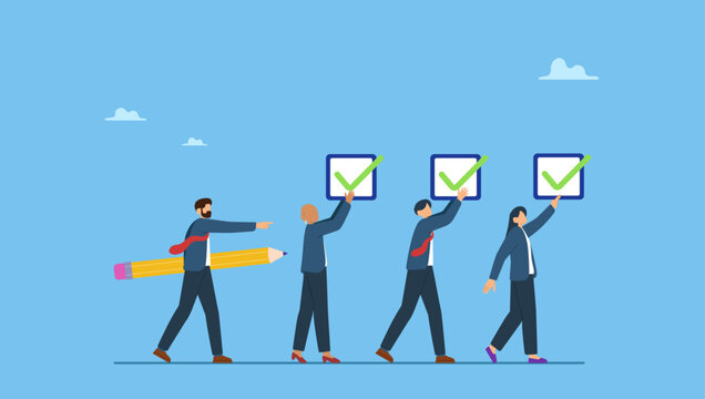 Diverse business people hold checklist and pencil to tick. Checklist or checkmark for task completion, survey or questionnaire, finish work or accomplishment, get thing done or tick the checkbox.