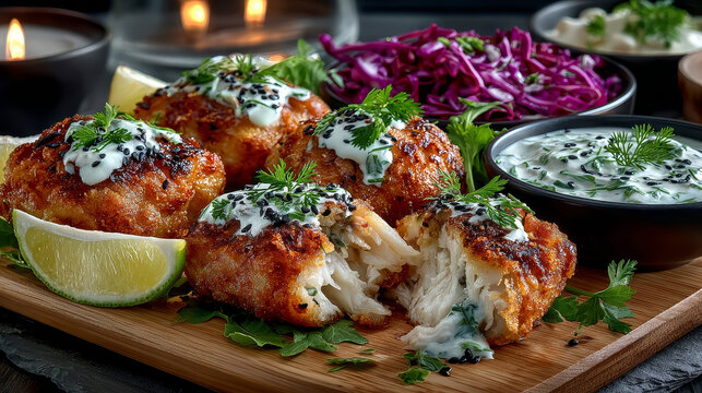 Regional Dutch cuisine with breaded kibbeling or small portions of deep fried codfish in a close up view on a wooden board sliced through to show the fish