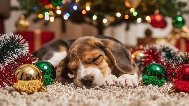 Sleeping beagle puppy surrounded by Christmas decorations and ornaments. A beagle puppy peacefully sleeping, surrounded by cheerful Christmas decorations and sparkling ornaments.  