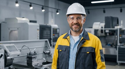 Middle-aged bearded Caucasian man in safety gear stands smiling in modern industrial workshop