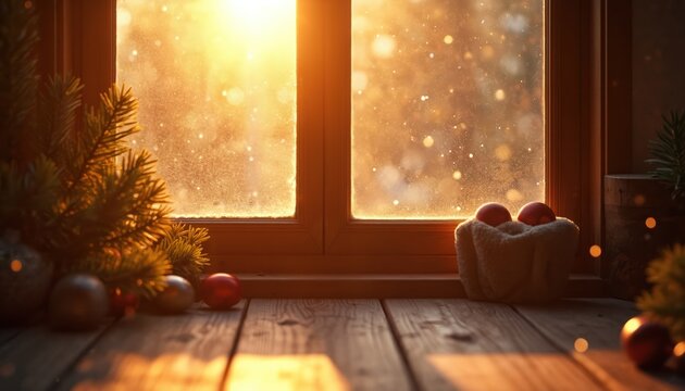 Warm golden sunbeams stream through a frosted windowpane, illuminating floating dust motes. A Christmas tree branch with ornaments sits on a wooden windowsill, creating a cozy holiday scene.